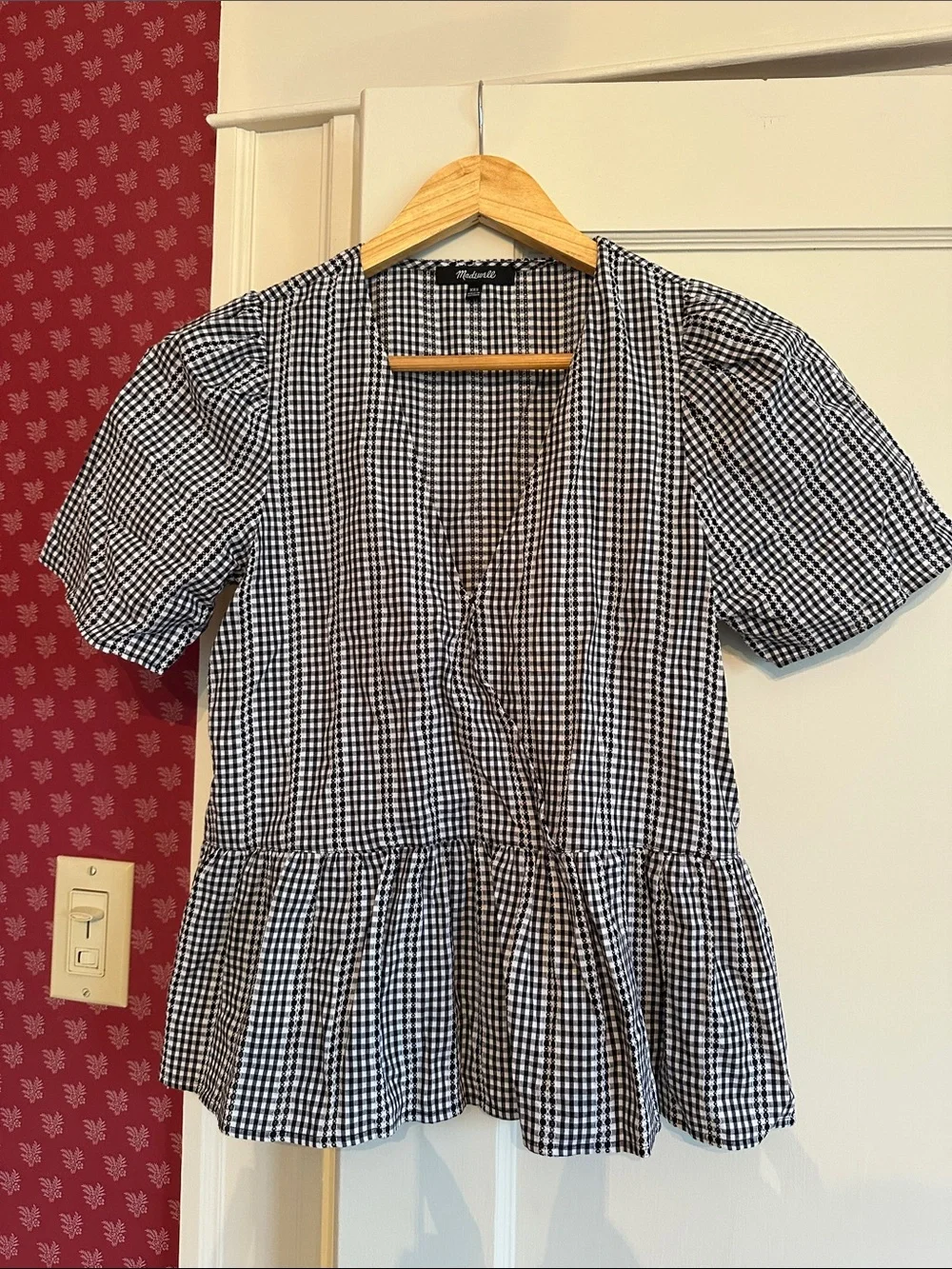 Madewell Black and White Gingham Peplum V-Neck Blouse
